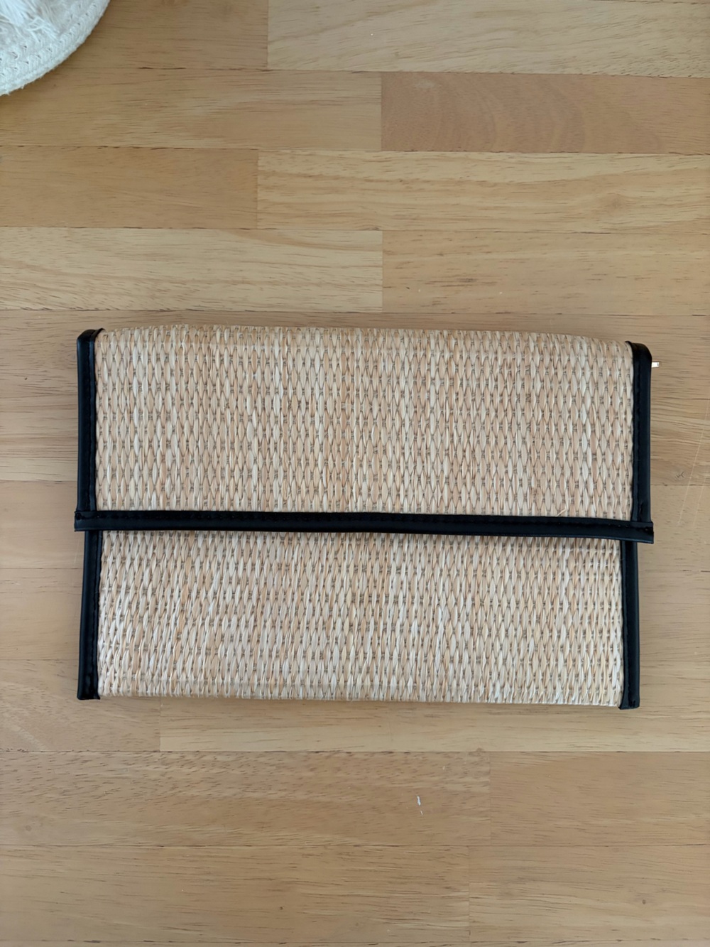 a new day Natural Straw Fold-Over Clutch with Black Trim